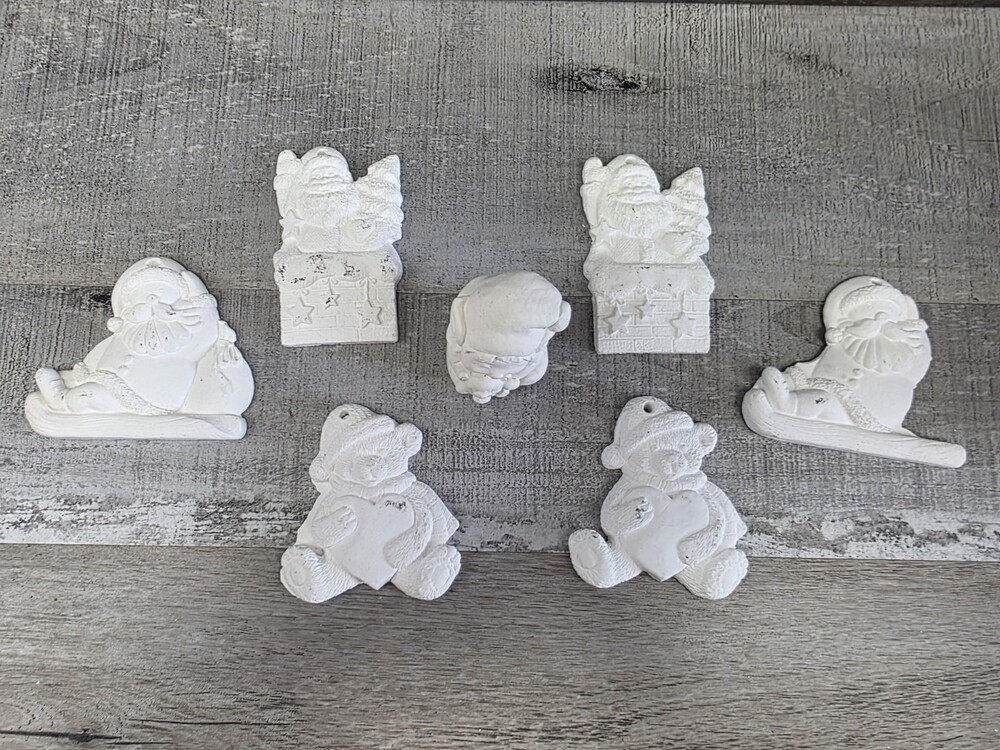 Ceramic Bisque Christmas Ornament Lot Of 7 Teddy Bear Santa Claus Elf g50